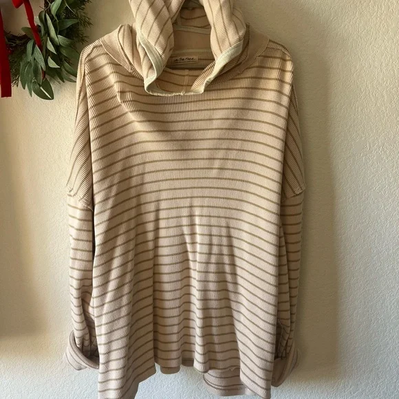 Free People blush, beige, striped tunic pullover hooded waffle knit top XL - Picture 2 of 7